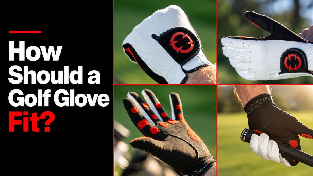 "How Should a Golf Glove Fit?" title beside four photos of a correctly fitted EXO golf glove: back of the hand, side view, palm with red Zyntech™ nanocell grip pads, and gripping a club