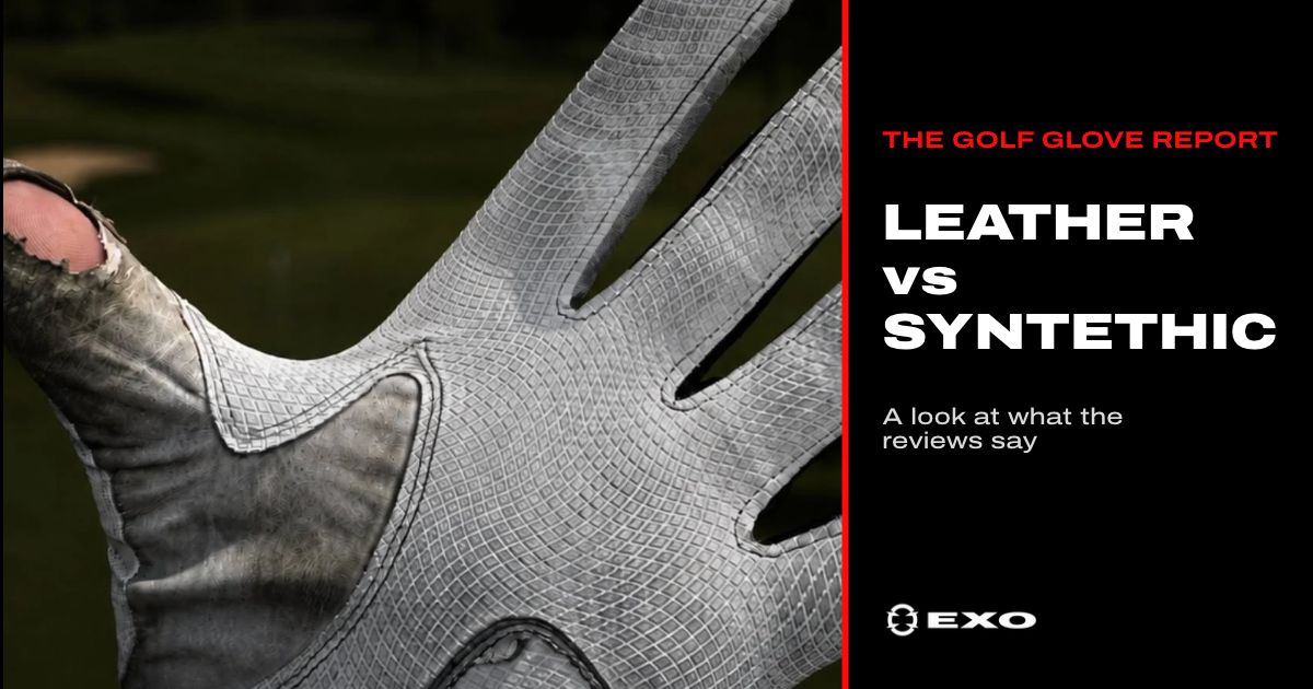 Worn grey golf glove with a hole in the thumb, header image for EXO's cabretta leather vs synthetic golf glove comparison