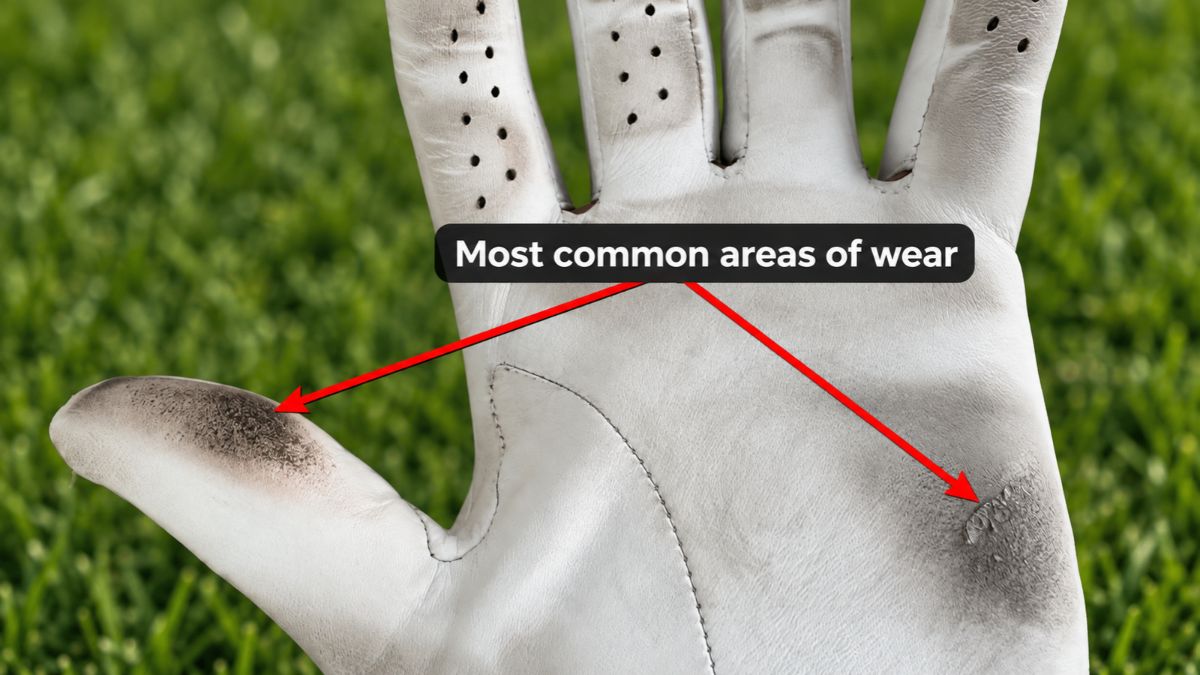 Palm of a worn white leather golf glove with arrows pointing to wear on the thumb and the heel pad, the most common areas of wear