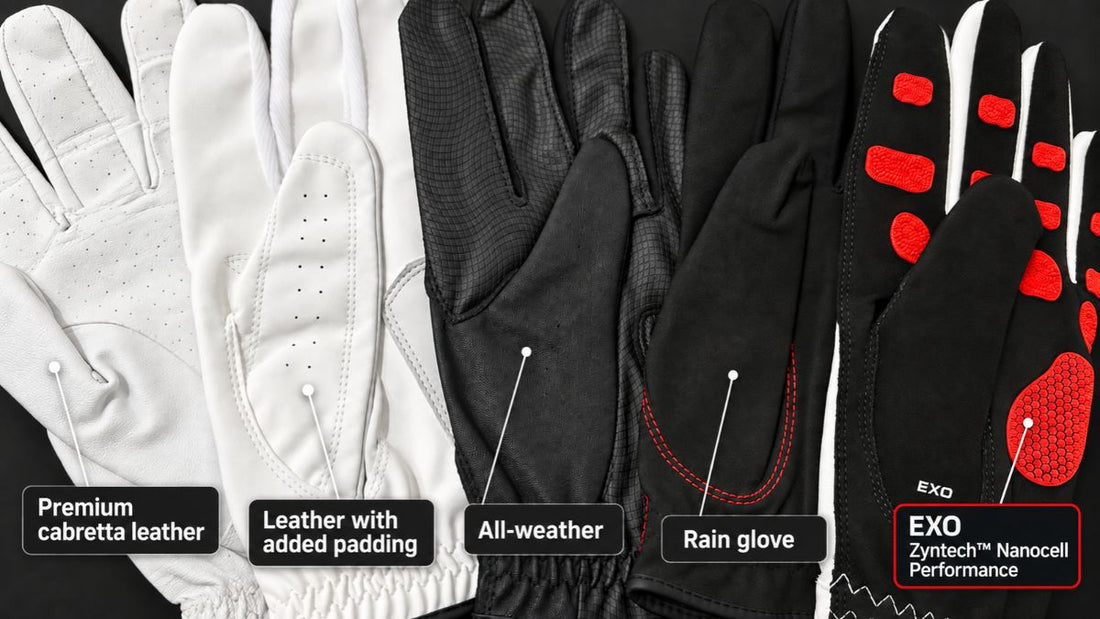 Five golf gloves compared side by side: premium cabretta leather, leather with added padding, all-weather, rain glove and EXO with Zyntech™ nanocells