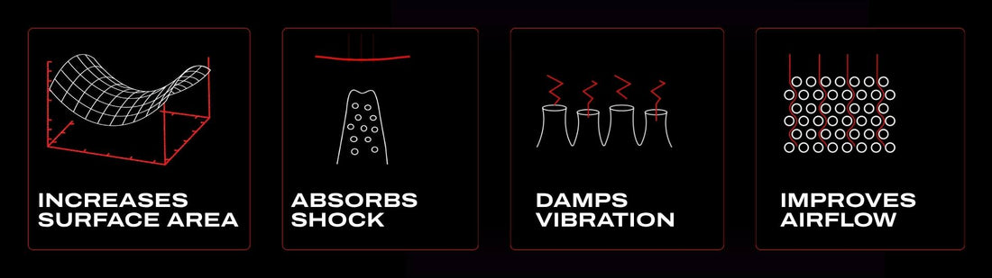 ZYNTECH™ nanocell technology four core properties: increases surface area, absorbs shock, damps vibration, improves airflow