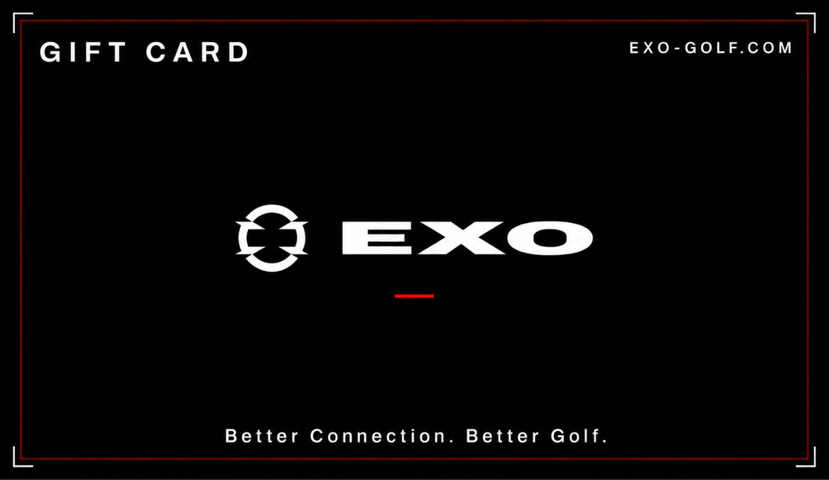 EXO Golf gift card with a white EXO logo on a black background, a subtle red border and the tagline “Better Connection. Better Golf.