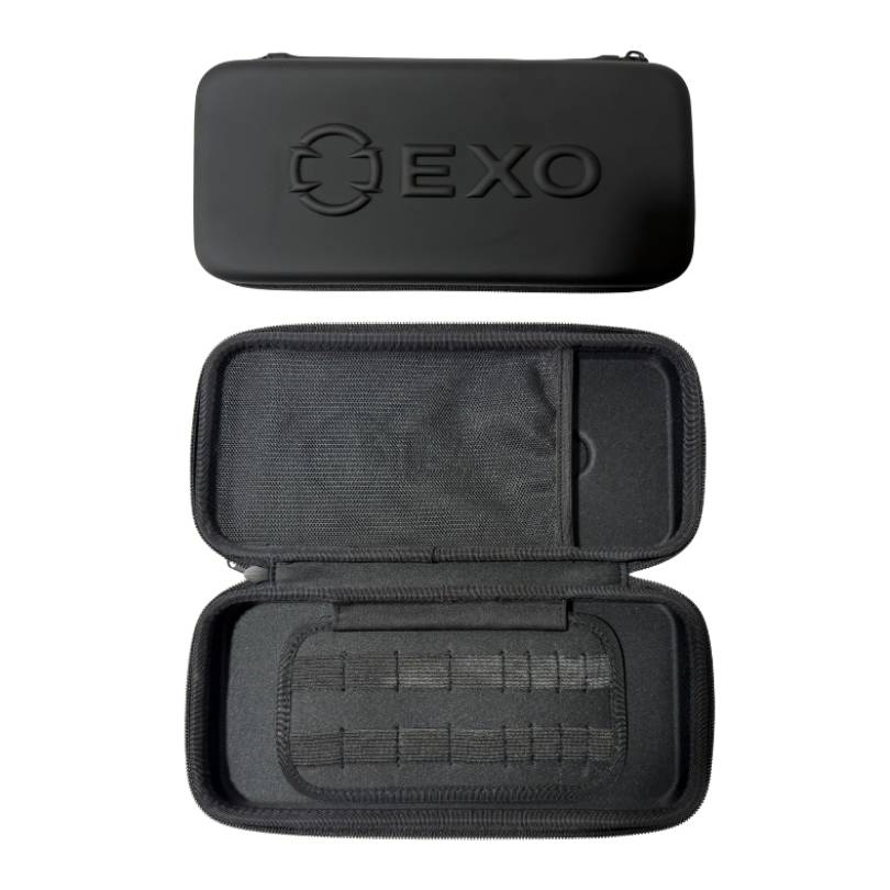 EXO Golf glove case shown open and closed displaying hard shell exterior with embossed EXO logo and internal mesh and tee storage compartments