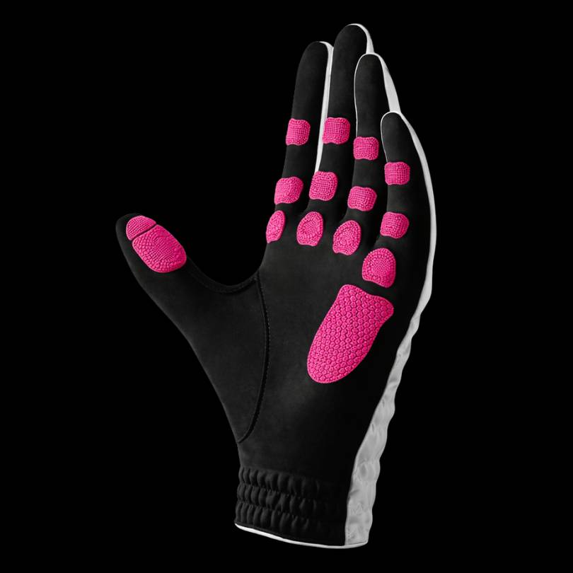 EXO Golf Glove pink colorway product render showing Zyntech nanocell grip zones across palm and fingers on black background