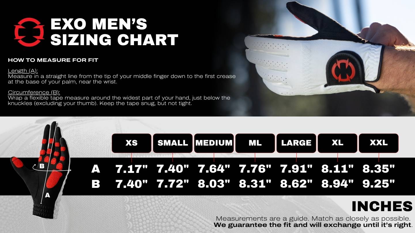 EXO Golf Glove men's sizing chart showing hand measurement guide for sizes XS through XXL in inches