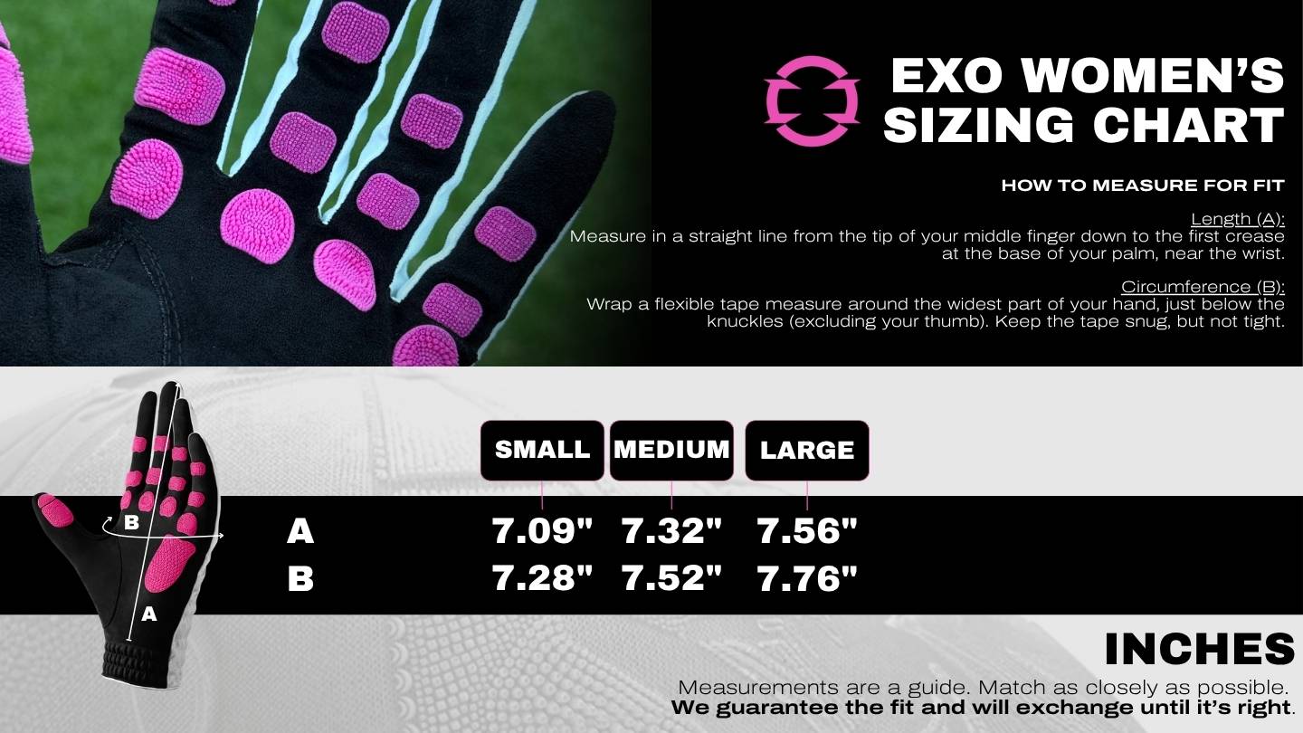 EXO Golf Glove women's sizing chart showing hand measurement guide for sizes Small Medium and Large in inches