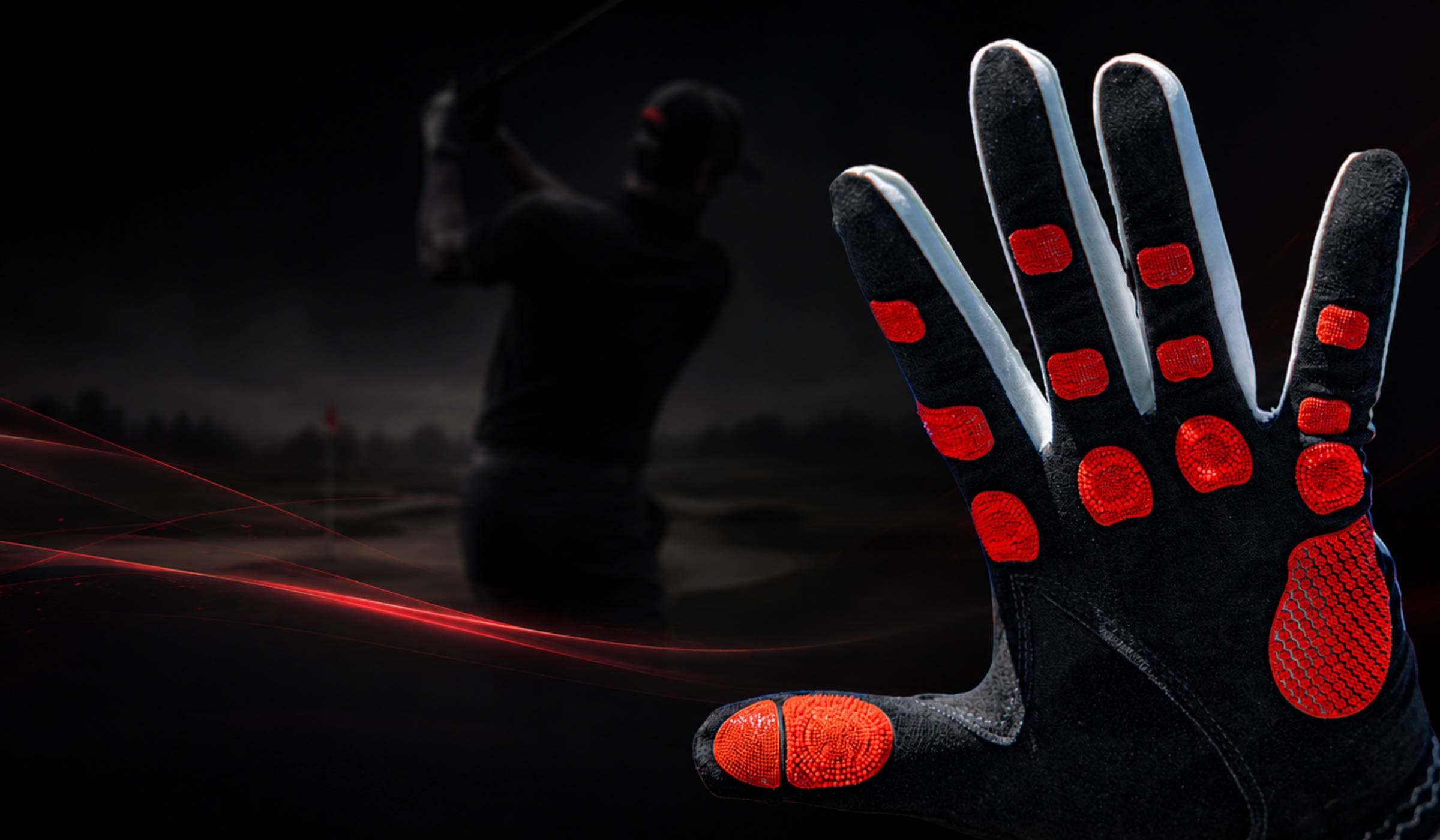 Image of palm of EXO glove with red nano cells with golfer and golf course in the background - desktop version